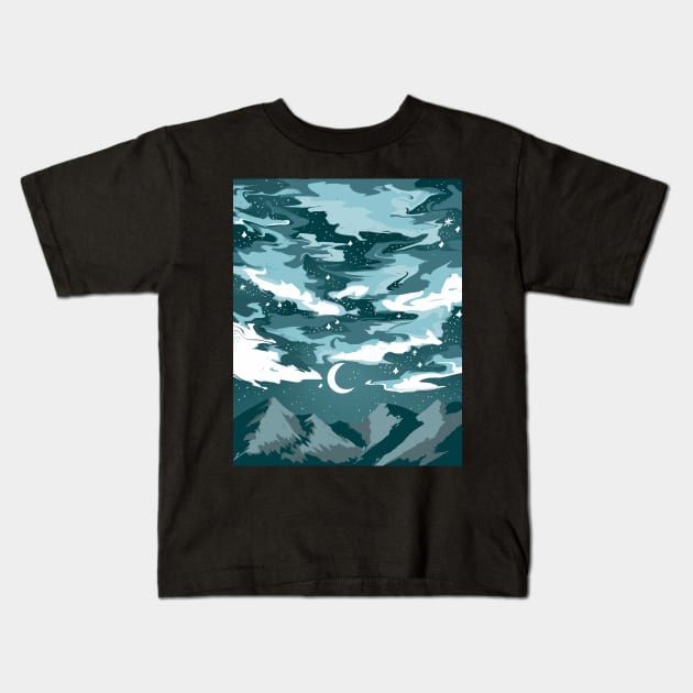 Teal cloudy sky above mountains with a crescent moon Kids T-Shirt by VictoriaLehnard